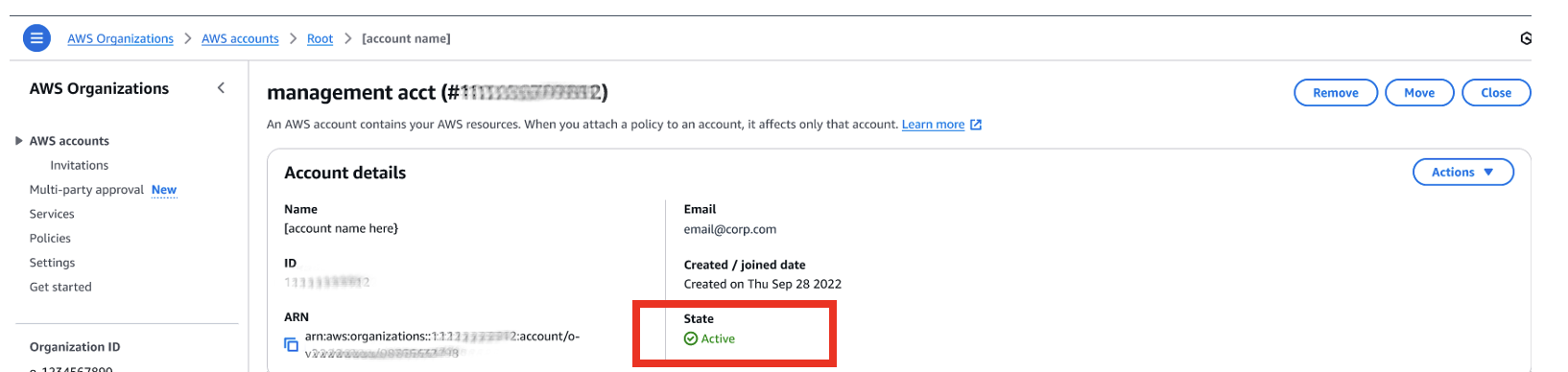 Image 2: State field in account details page in AWS Organizations console